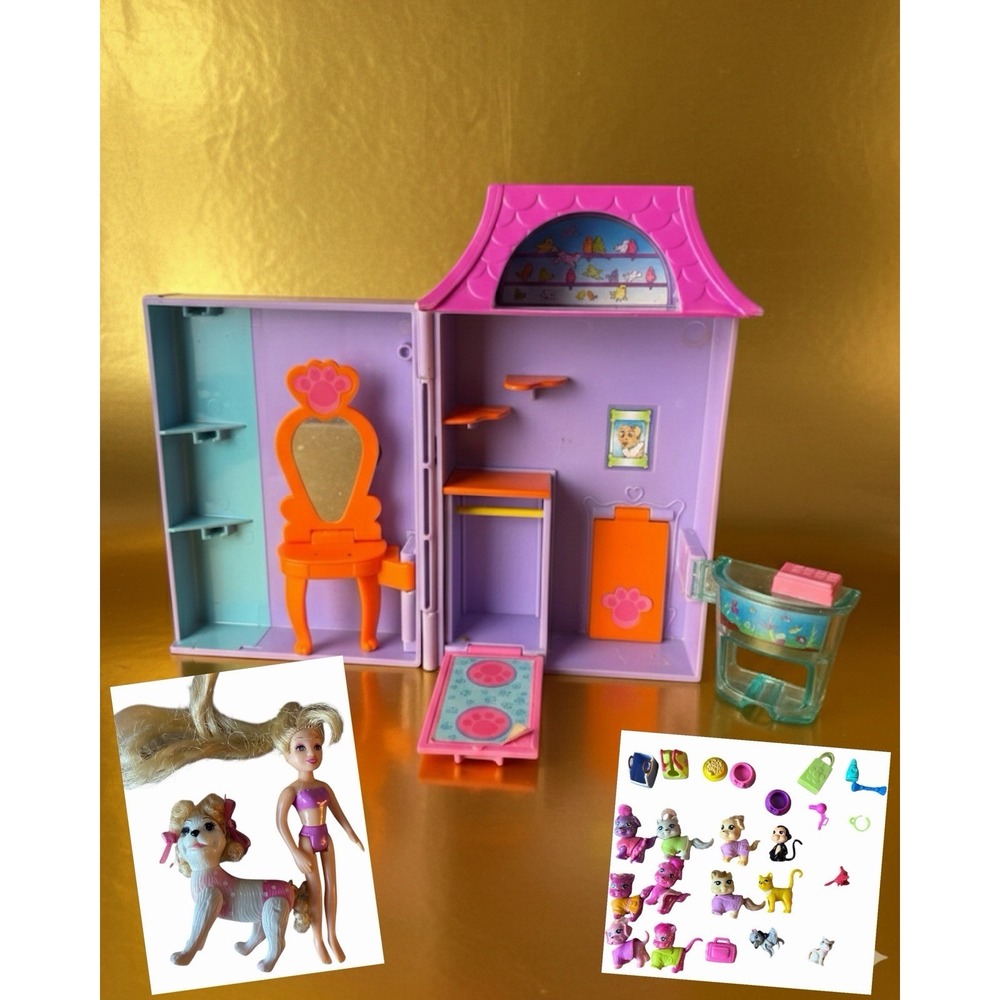 Polly Pocket Happenin' Pet Salon Playset, Folding Dog House, Dolls & Accessories